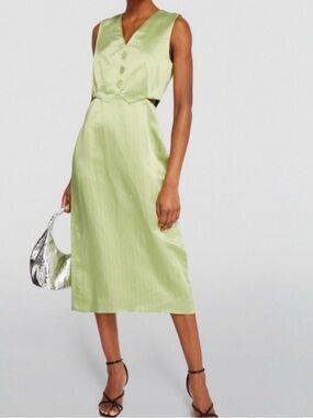 SANDRO Abby Sleeveless Cut-Out Metallic Pinstriped Lurex Satin Vest Midi Dress